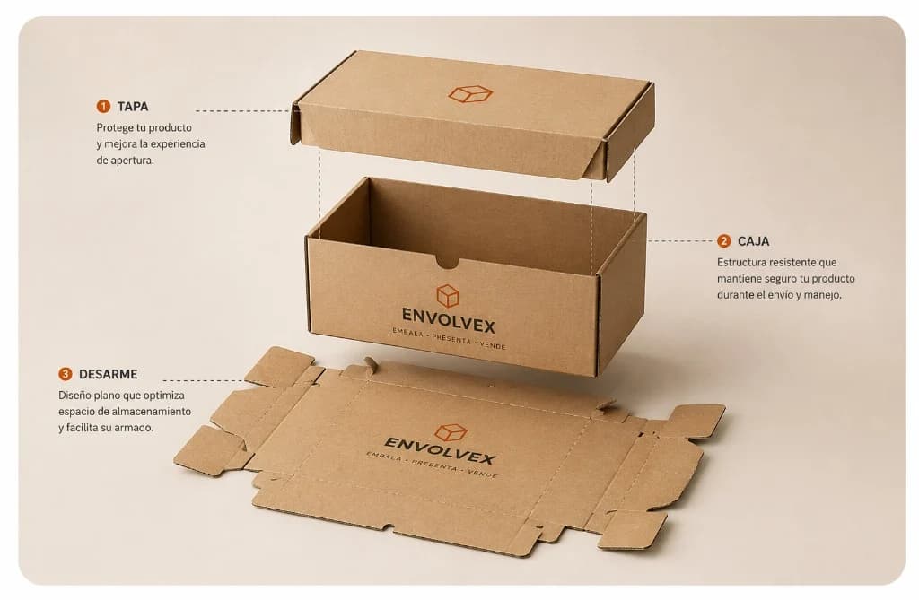Desarrollo de empaque ENVOLVEX: tapa, caja y desarme
