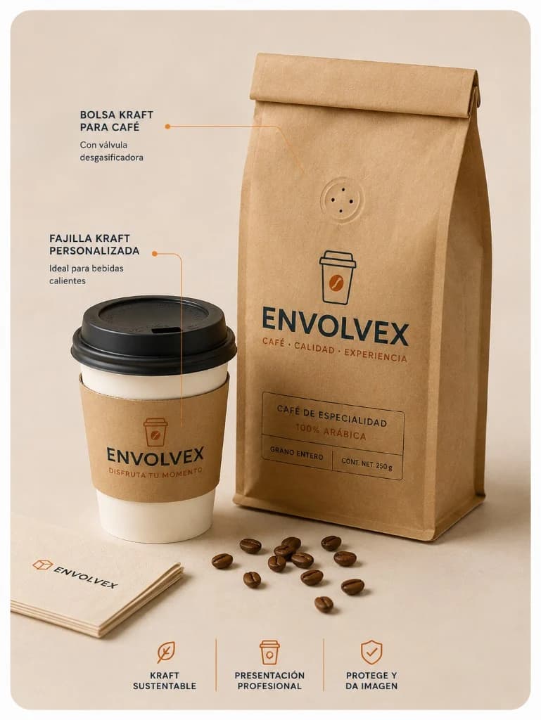 Fajilla, vaso y bolsa para cafetería ENVOLVEX