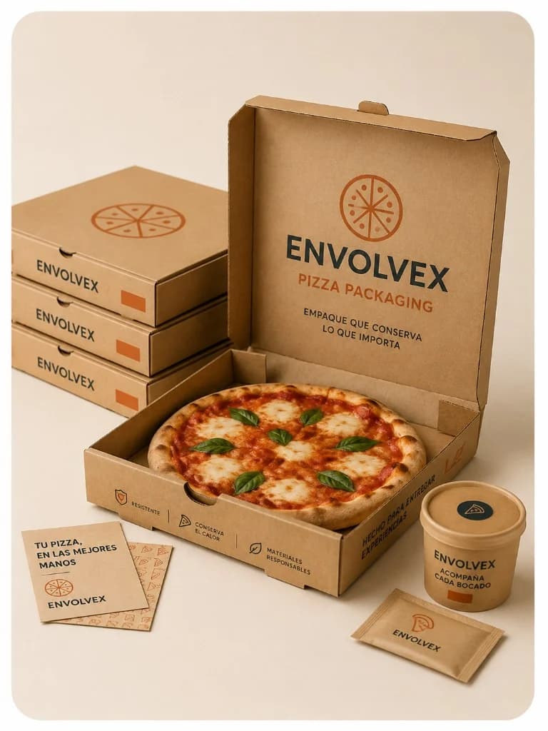 Caja de pizza ENVOLVEX con pizza y empaque de delivery